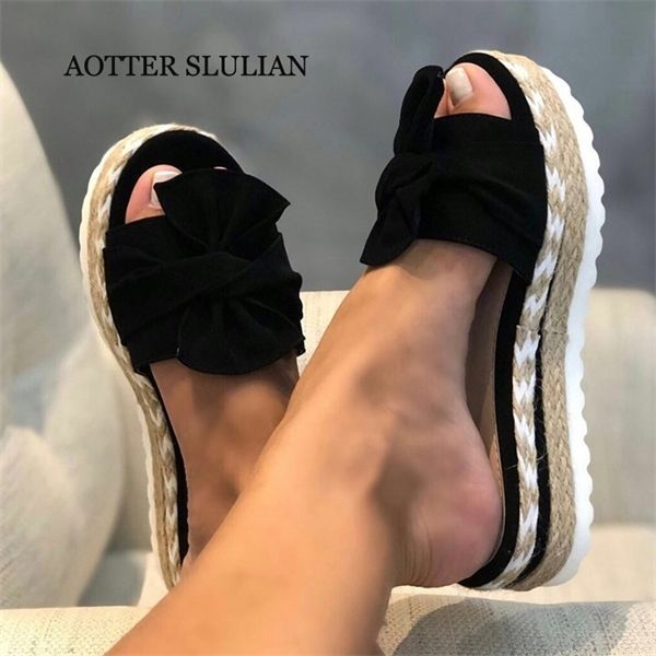 

slippers women slides bow summer sandals bow-knot slippers thick soles platform female floral beach shoes flip flops corrector, Black