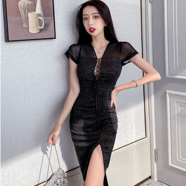 

women's summer 2020 spring light / mature style mesh stitching bandage medium length dress skirt h5468, Black;gray