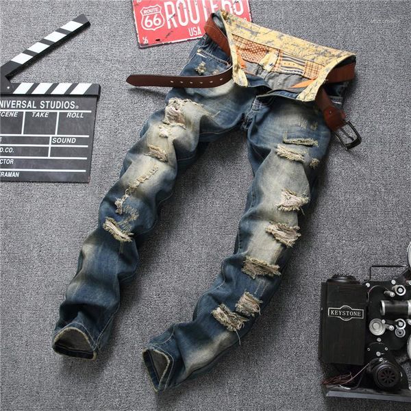 

2018 vintage holes distressed straight jeans new arrivals summer casual mens jean long pants for male denim jeans1, Blue