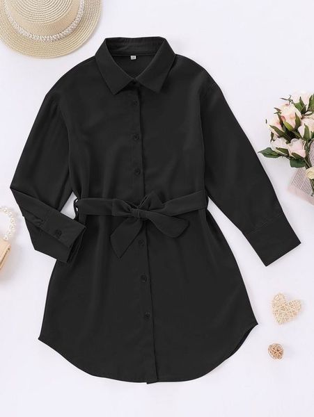 

girls curved hem button front belted shirt dress she, Red;yellow