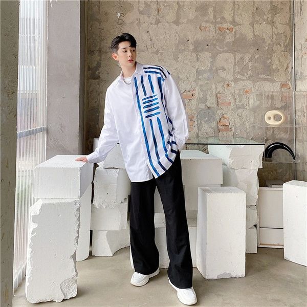 

2021 primavera e camisola masculina verso coreana da moda rua solta listra branca impresso de compridas popular camisa x5e4, White;black