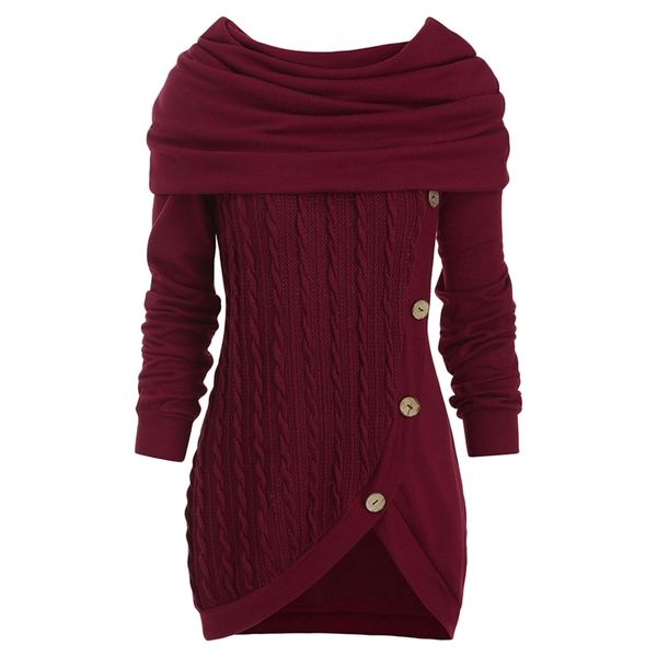 

women autumn cowl neck cable knit tunic knitwear button hooded sweater ladies long daily pullovers y200720, White;black