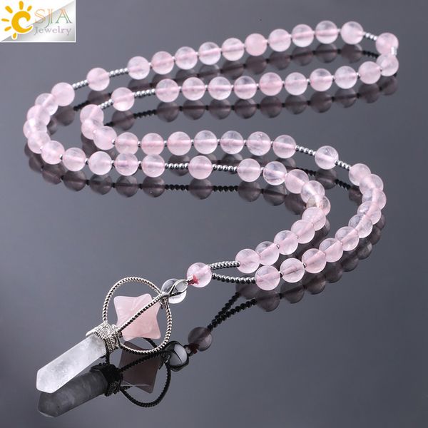 

csja natural stone long necklace women reiki merkaba pendant crystal necklaces purple pink white tiger eye bohemian jewelry f782, Silver