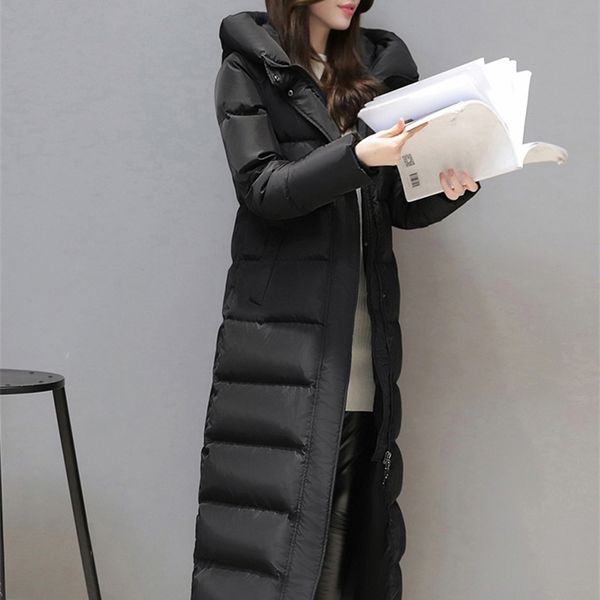 

women's super long down jacket winter puffer thick coat black red hooded zipper keep warm plus size 201103