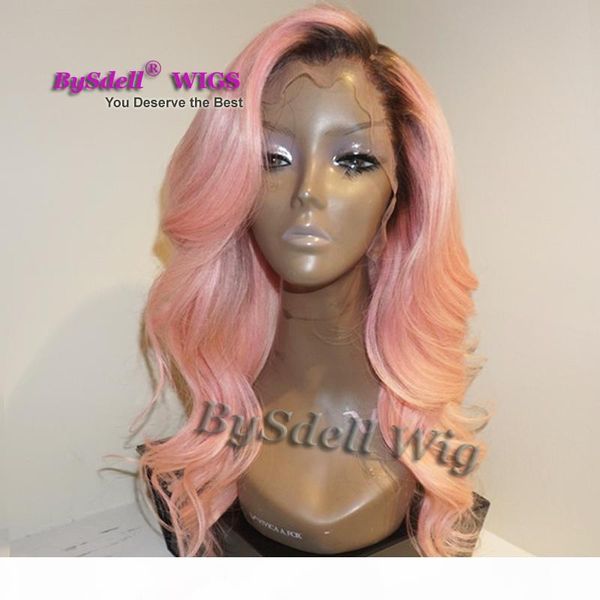 

fashion ombre pink wig kylie jenner lace front synthetic wigs glueless wavy black root pink heat resistant hair women wigs