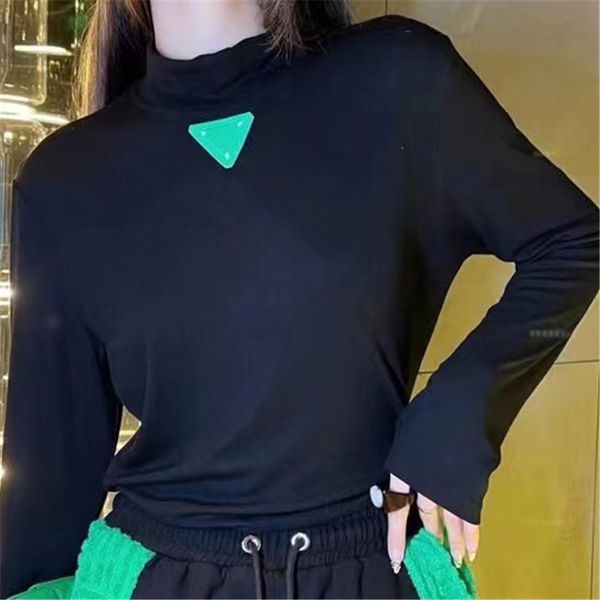 

ladies cotton sweatshirts triangle leather label sweatshirt high neck bottomed shirt decorative clothing, Black