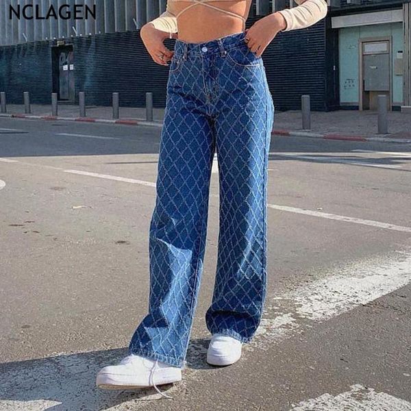 

women's jeans nclagen chic ripped texture argyle pattern vogue women 2021 empire waist street denim pants hip hop aesthetic trousers, Blue