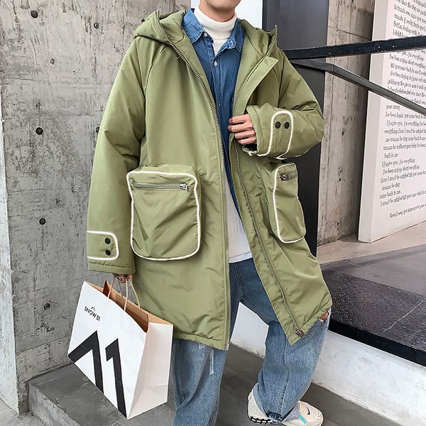 

winter long coat men's parka warm fashion casual hooded coat men loose cotton thick reflective jacket mens clothes m-5xl, Black