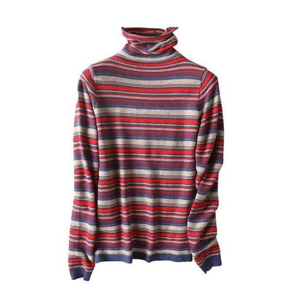 

autumn and winter 2021 women's new high necked sweater versatile comfortable slim pullover women's striped large coat a319, White;black