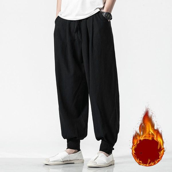 

2020 men linen harem pants mens casual elastic waist black fleece pants male hip hop joggers trousers 5xl1