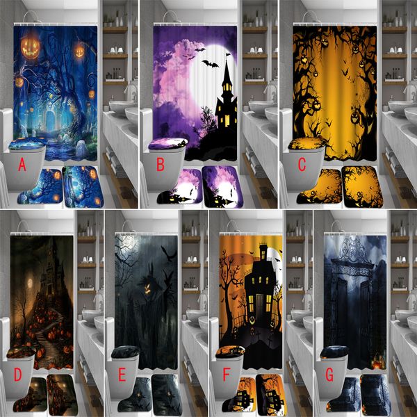 

halloween bathroom set pumpkin castle waterproof polyester fabric shower curtain toilet cover mat non slip rug home decor