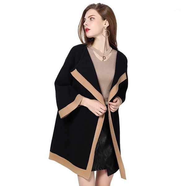 

fashion cardigan women fall winter long loose knit sweater ladies patchwork thickened jumper woolen cardigan vestidos1, Black