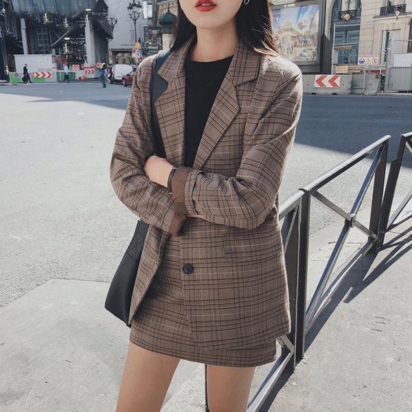 

2020 retro plaid blazer sets single-breasted jacket & pencil skirt vintage 2 pieces skirt suits female office ladies blazer suit1, White