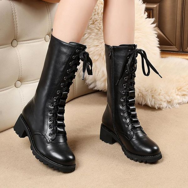 

women's boots thick heel british fashion boots lace high round toe short, Black