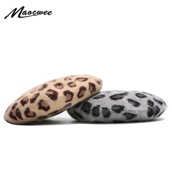 

berets women's winter wool warm knitted beret casual hat female fashion leopard print artist flat cap, Blue;gray