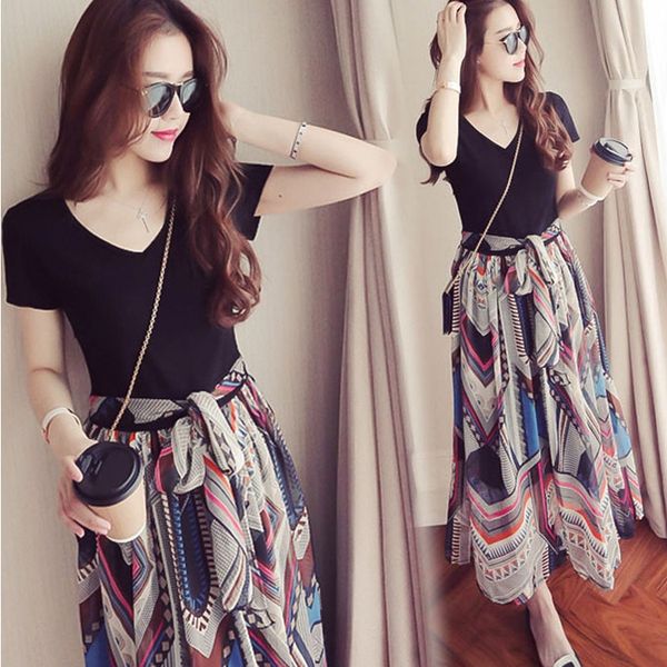 

summer long skirt long skirt new fashion fragmentary chiffon floral v-neck mid length dress with high waist and thin look jigej, Black;gray