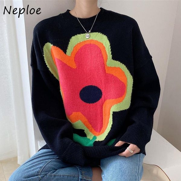 

neploe chic panelled flower pattern knitted sweaters autumn vintage o-neck pullovers korean loose casual all-match warm coat, White;black