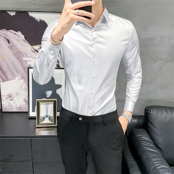 

korean slim fit long sleeve men casual shirts 2020 new solid all match business formal wear gentlemen tuxedo dress blouse homme, White;black