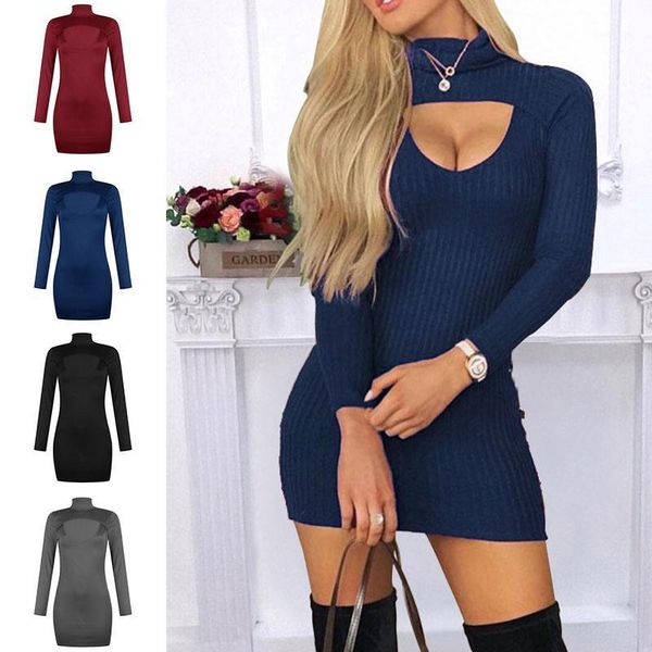 

casual dresses women hollow out dress solid color ladies high neck long sleeve bodycon pencil knit party mini dress1, Black;gray