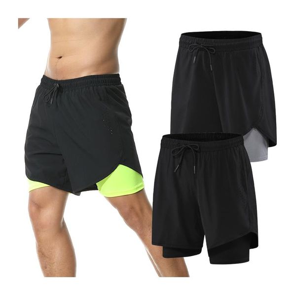 

men training shorts quick dry fitness shorts man athletic marathon 2 in 1 workout short pants running short, Black;blue