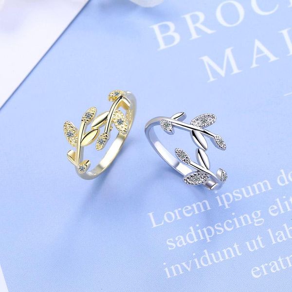 

classic leaf open rings fashion 925 sterling silver cz cubic zircon rings for women korean style minimalist party ring jewelry, Golden;silver