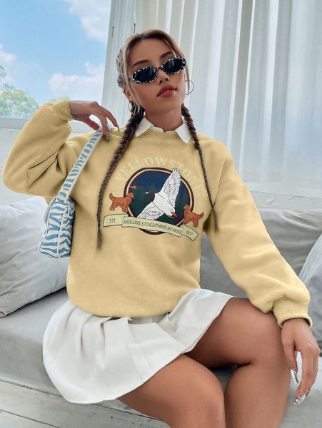 

drop shoulder slogan & cartoon graphic print pullover p2iq#, White;black