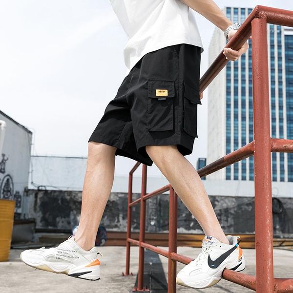 

streetwear summer men casual shorts 2021 cargo mens shorts multi-pockets knee length bermuda beach for man, White;black