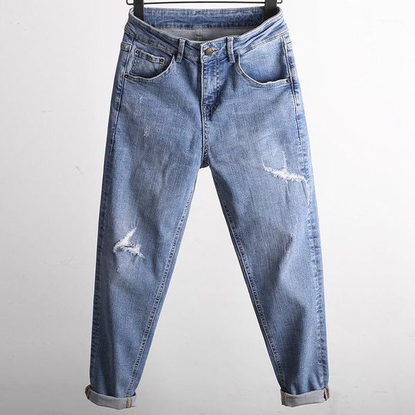 

breaking jeans women loose 2020 spring/summer new high waist tide size thin little feet harlan pants1, Blue