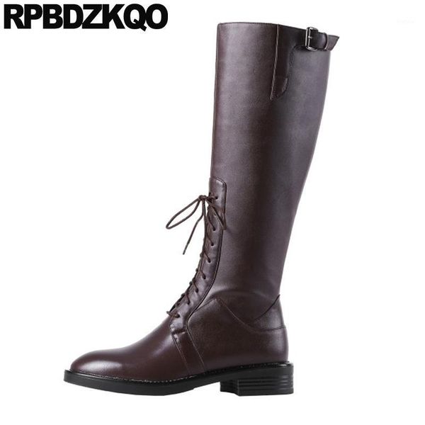 

side zip boots autumn brown knee high tall round toe low heel casual chunky winter genuine leather women shoes lace up long fur1, Black