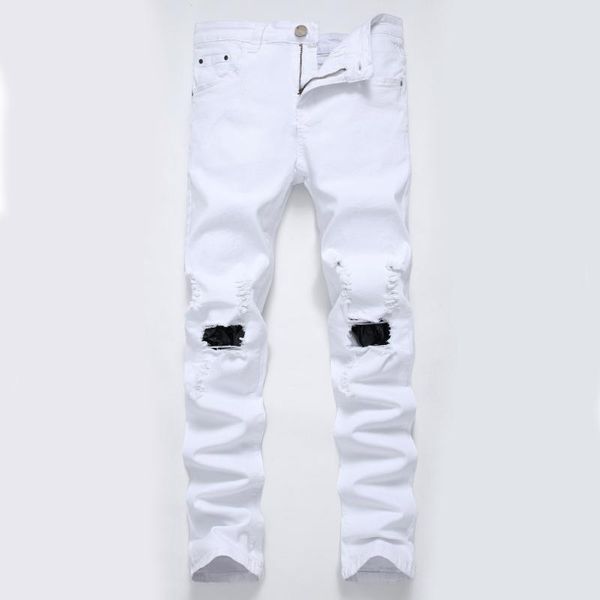 

2021 solid denim pants with holes men ripped straight-leg slim-fit non-stretch jeans and ragged men's trousers, Blue