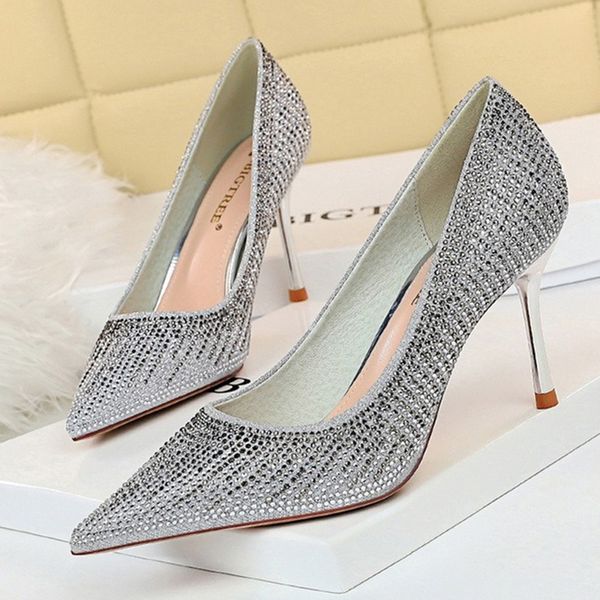 

metal heel high heel stiletto pumps wedding shoes new autumn women shoes high heels with rhinestone pointed toemultifunction, Black