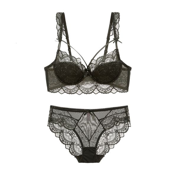 

lace thin cotton women's underwear soft steel ring plus size transparent women mesh set seethrough bra, Black;white
