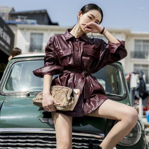 

autumn new pu leather jacket women adjustable waist faux leather coat women high waist handsome loose jacket1, Black