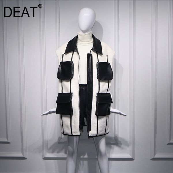 

[deat] woolen patchwork pockets pu leather jacket vest women sleeveless hit color straight loose new autumn fashion am850 201030, Black