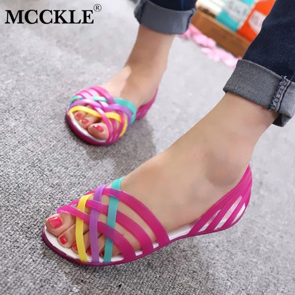 

mcckle women jelly shoes rainbow summer sandals female flat shoes ladies slip on woman candy color peep toe women's beach shoes t200520, Black