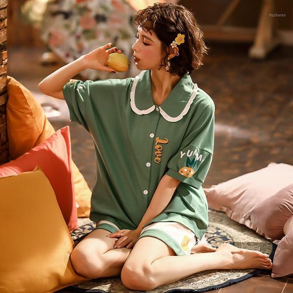 

cute comfortable pajamas lapel cartoon printing thin section summer comfortable pajamas women 2 piece shirt short sleeve pants1, Black;red