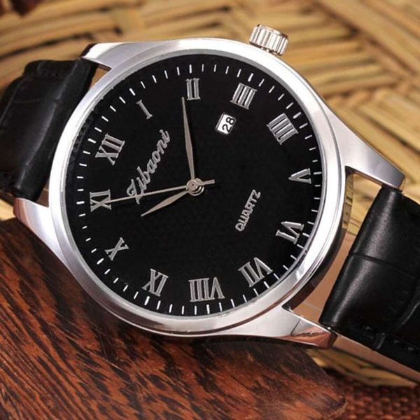 

watch calendar fashion waterproof large leather dial quartz watch korean men's watch, Slivery;brown
