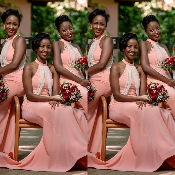

pink bridesmaid dresses mermaid 2021 halter satin beading pearls sleeveless custom made african plus size maid of honor gown vestidos, White;pink