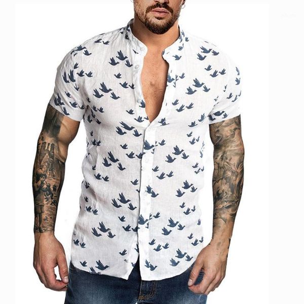 

men's hawaii printed splicing pattern casual linen lapel short sleeve shirt1, White;black