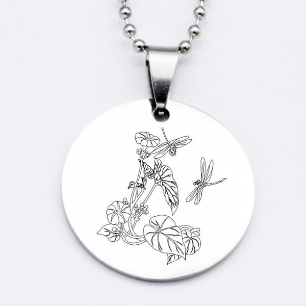 

dragonfly and morning glory necklace keychain round stainless steel jewelry gift for nature lovers yp6289, Silver