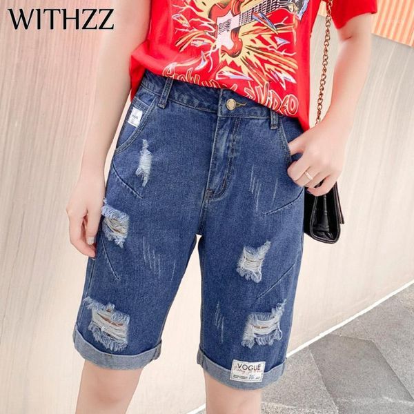 

withzz summer women's denim shorts high waist ripped loose straight tube mid pants knee length jeans1, Blue
