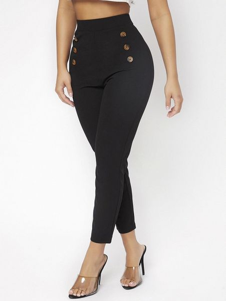 

petite high waist double button skinny cropped pants w6zi#, Black;white