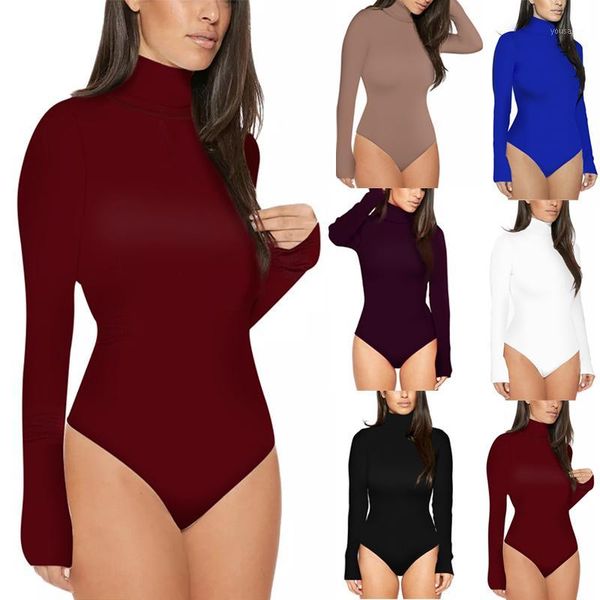 

2020 women spring autumn cotton long sleeve high neck skinny jumpsuit black white solid slim fit bodysuit fashion1