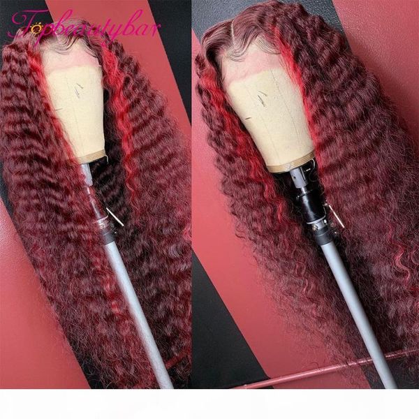 

dark red color curly wigs red highlight lace frontal wigs brazilian 13x6 lace front human hair 99j colored ombre for women, Black;brown