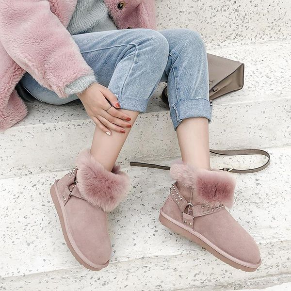 

2020 new winter shoes women's snow boots cow suede plush keep warm rivet ankle boots big size 43 bottes femme, Black
