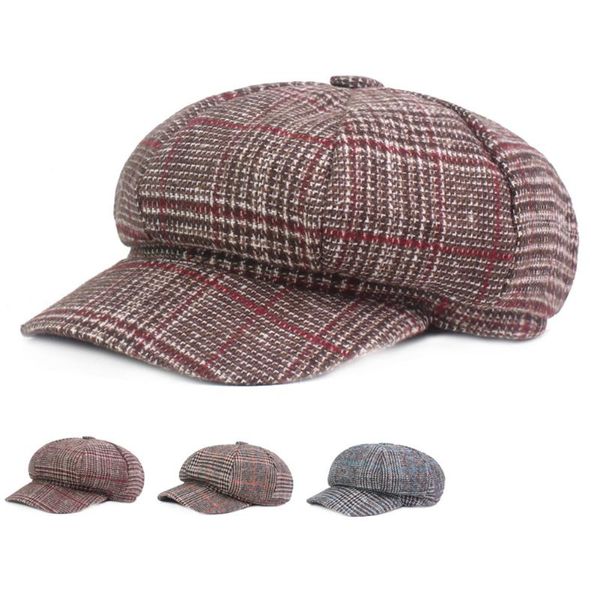 

berets retro octagonal cap sboy beret hat warm autumn winter hats for women casual plaid 2021 painter, Blue;gray