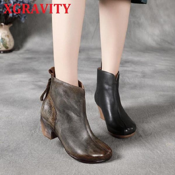 

xgravity new vintage mid heel pumps fashion women casual boots elegant hand-made genuine leather boots ethnic fretwork shoes 105, Black