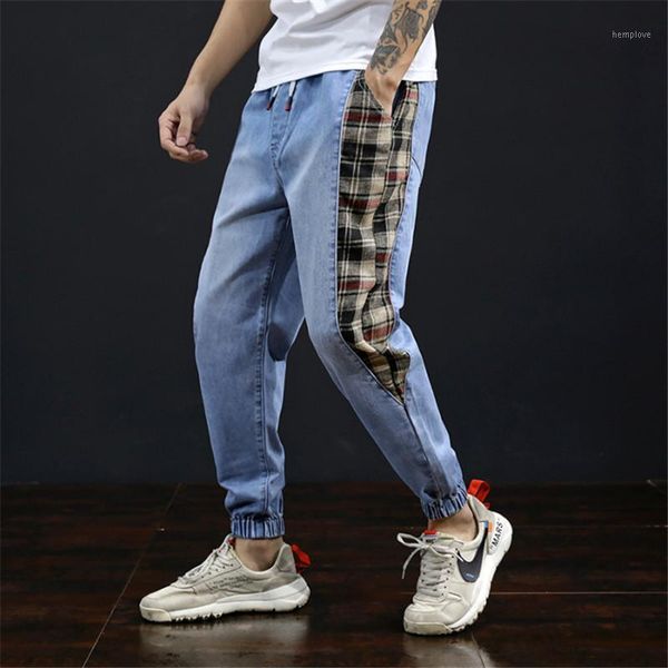 

autumn winter jeans men's loose tooling ankle length spliced gray harem pants korean version trend small feet casual clothing1, Blue