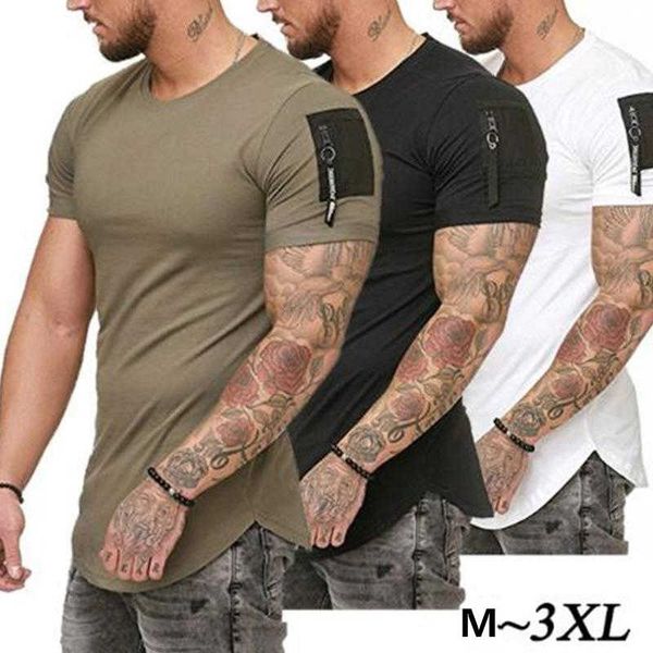 

2020 summer casual t shirt men fashion zipper sleeve o neck hip hop t-shirt cotton tshirts male tee size m-3xl, White;black