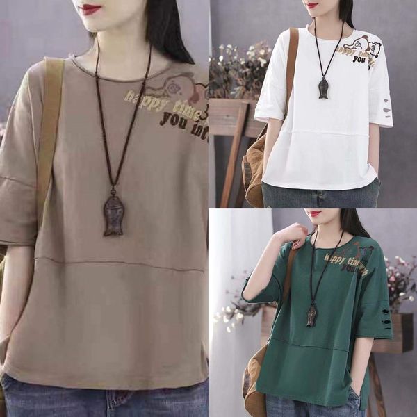 

mzvh6 summer women's 2020 short sleeve cotton knitwear knitwear tknitted shirt t-shirt for loose literature and art new casual 5-point, White